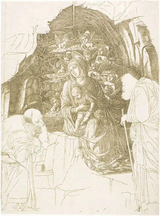 Framed Print : The Adoration of the Magi (Virgin of the Grotto), c.1500. Creator: School of Andrea Mantegna Framed Print : The Adoration of the Magi (Virgin of the Grotto), c.1500. Creator: School of Andrea Mantegna