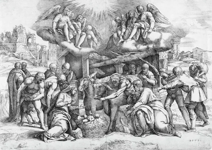 Framed Print : The Adoration of the Shepherds, between 1530 and 1560. Creator: Battista Franco Veneziano Framed Print : The Adoration of the Shepherds, between 1530 and 1560. Creator: Battista Franco Veneziano