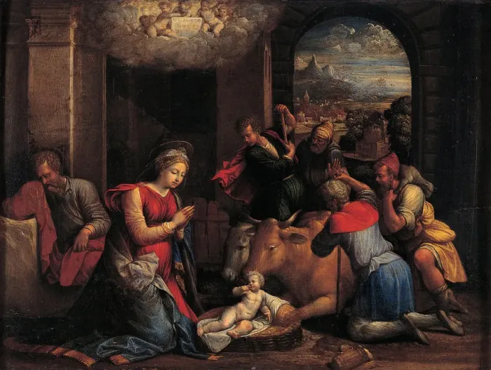Framed Print : The Adoration of the Shepherds, 1536-1537. Artist: Garofalo, Benvenuto Tisi da (1481-1559) Framed Print : The Adoration of the Shepherds, 1536-1537. Artist: Garofalo, Benvenuto Tisi da (1481-1559)