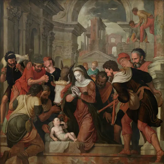 Framed Print : The Adoration of the Shepherds, 1555. Creator: Lambert van Noort Framed Print : The Adoration of the Shepherds, 1555. Creator: Lambert van Noort
