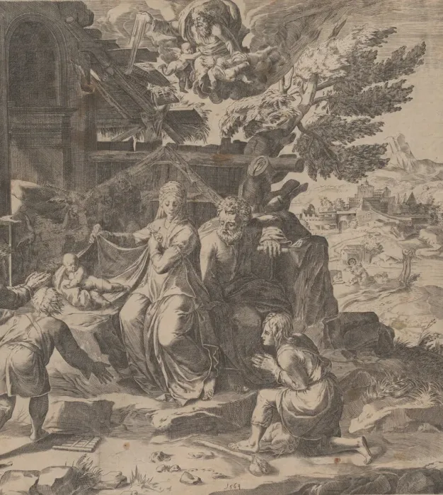 Framed Print : The Adoration of the Shepherds, 1569. Creator: Cornelis Cort Framed Print : The Adoration of the Shepherds, 1569. Creator: Cornelis Cort