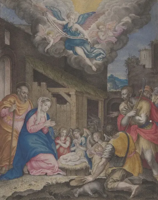 Framed Print : Adoration of the Shepherds, 1575-1600. Creator: Anon Framed Print : Adoration of the Shepherds, 1575-1600. Creator: Anon