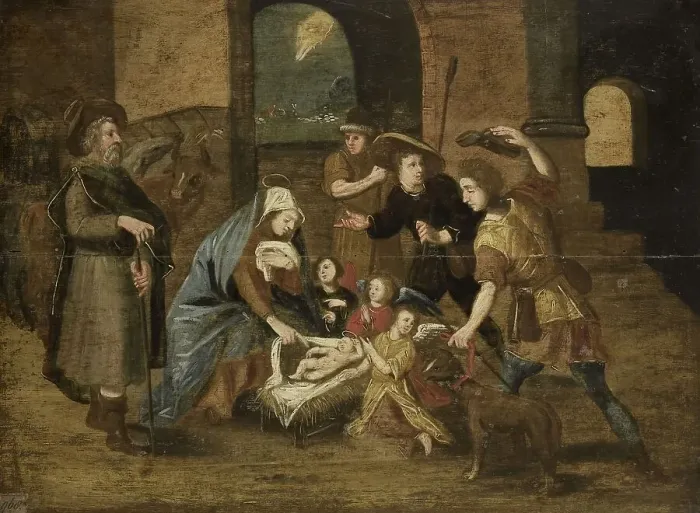 Framed Print : The Adoration of the Shepherds, 1580-1699. Creator: Maerten de Vos (copy after) Framed Print : The Adoration of the Shepherds, 1580-1699. Creator: Maerten de Vos (copy after)