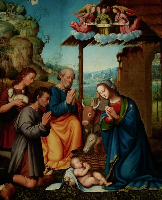 Framed Print : Adoration of the Shepherds (Adoration of the Child by Mary, St Joseph... 1st half of 16th century. Creator: Tommaso di Stefano Lunetti) Framed Print : Adoration of the Shepherds (Adoration of the Child by Mary, St Joseph... 1st half of 16th century. Creator: Tommaso di Stefano Lunetti)
