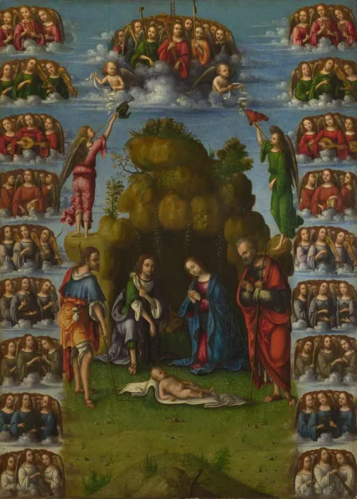 Framed Print : The Adoration of the Shepherds with Angels, 1499. Artist: Costa, Lorenzo (1460-1535) Framed Print : The Adoration of the Shepherds with Angels, 1499. Artist: Costa, Lorenzo (1460-1535)