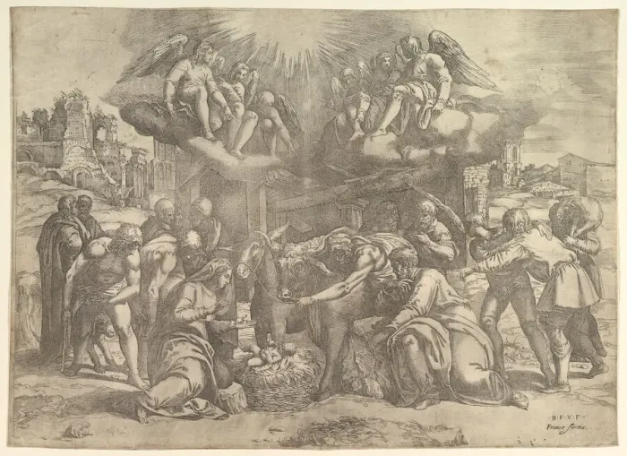 Framed Print : The Adoration of the Shepherds with angels overhead, ca. 1530-61 Framed Print : The Adoration of the Shepherds with angels overhead, ca. 1530-61
