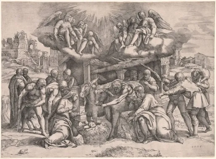 Framed Print : The Adoration of the Shepherds, c. 1552. Creator: Battista Franco (Italian, c. 1510-1561) Framed Print : The Adoration of the Shepherds, c. 1552. Creator: Battista Franco (Italian, c. 1510-1561)