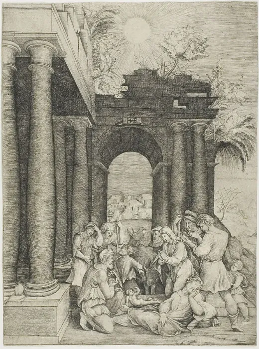 Framed Print : The Adoration of the Shepherds, c.1520. Creator: Master HFE Framed Print : The Adoration of the Shepherds, c.1520. Creator: Master HFE