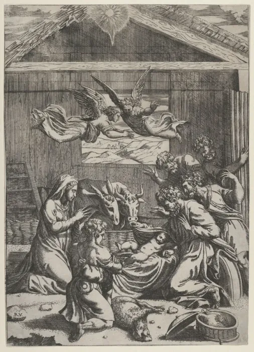 Framed Print : The Adoration of the Shepherds, ca. 1500-1550. Creator: Marcantonio Raimondi Framed Print : The Adoration of the Shepherds, ca. 1500-1550. Creator: Marcantonio Raimondi