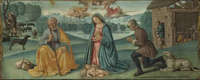 Framed Print : The Adoration of the Shepherds with Filippo Strozzi (predella of the Lecceto Altarpiece), 1487-1488 Framed Print : The Adoration of the Shepherds with Filippo Strozzi (predella of the Lecceto Altarpiece), 1487-1488