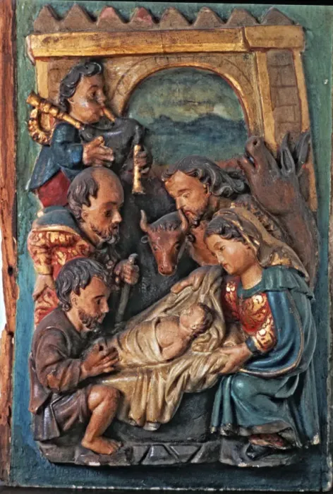 Framed Print : Adoration of the Shepherds. Detail of the predella of an altarpiece Framed Print : Adoration of the Shepherds. Detail of the predella of an altarpiece