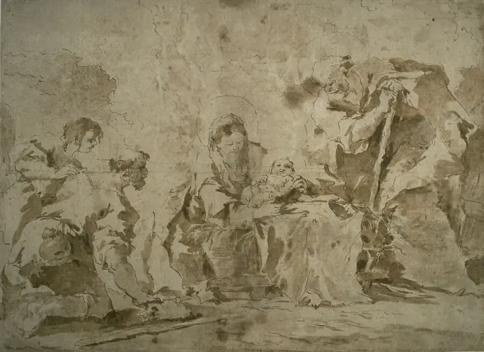 Framed Print : Adoration of the Shepherds (recto); Three Sketches: Buildings by Canal with... (verso), c.1770. Creator: Francesco Guardi Framed Print : Adoration of the Shepherds (recto); Three Sketches: Buildings by Canal with... (verso), c.1770. Creator: Francesco Guardi