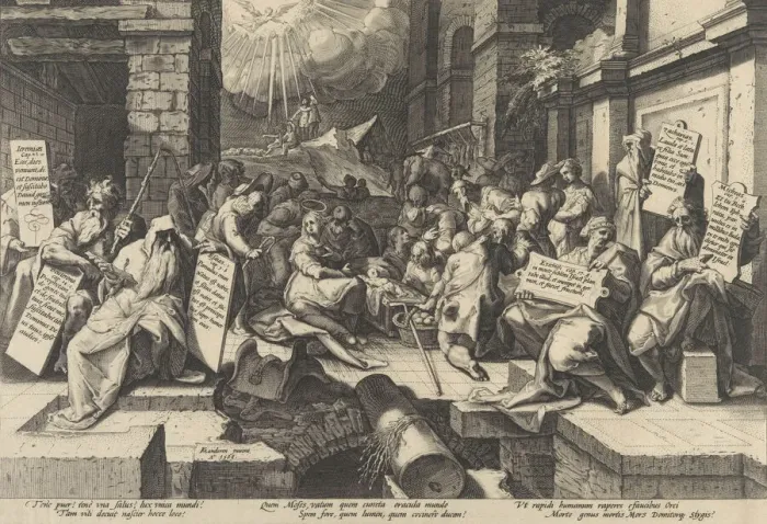 Framed Print : The Adoration of the Shepherds, Surrounded by Moses and Five Prophets, 1588. Creator: Jacob Matham Framed Print : The Adoration of the Shepherds, Surrounded by Moses and Five Prophets, 1588. Creator: Jacob Matham