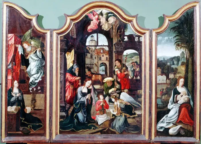 Framed Print : Adoration of the Shepherds, triptych, late 15th-early 16th century. Artist: Cornelius Engebrechtsz Framed Print : Adoration of the Shepherds, triptych, late 15th-early 16th century. Artist: Cornelius Engebrechtsz
