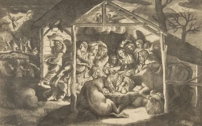 Framed Print : The adoration of the shepherds, various figures surrounding the Christ Child in the cen Framed Print : The adoration of the shepherds, various figures surrounding the Christ Child in the cen