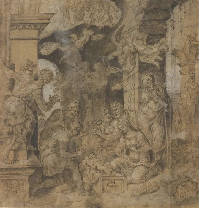 Framed Print : The Adoration of the Shepherds; verso: Sketches, ca. 1532-37 Framed Print : The Adoration of the Shepherds; verso: Sketches, ca. 1532-37