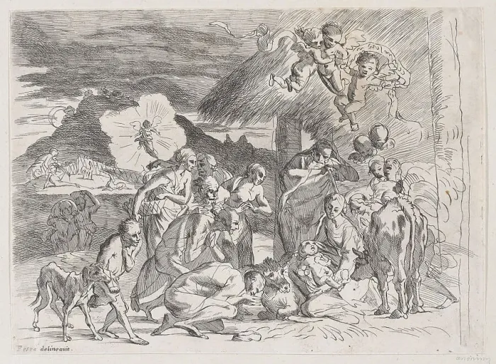 Framed Print : The adoration of the shepherds who gather at left, angels holding a banderole upper r... 1700-1800. Creator: Anon Framed Print : The adoration of the shepherds who gather at left, angels holding a banderole upper r... 1700-1800. Creator: Anon