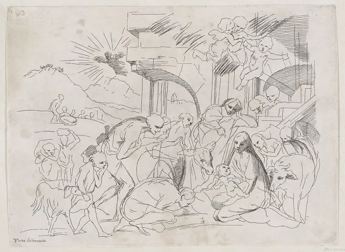 Framed Print : The adoration of the shepherds who gather at left, angels holding a banderole upper r... 1700-1800. Creator: Anon Framed Print : The adoration of the shepherds who gather at left, angels holding a banderole upper r... 1700-1800. Creator: Anon