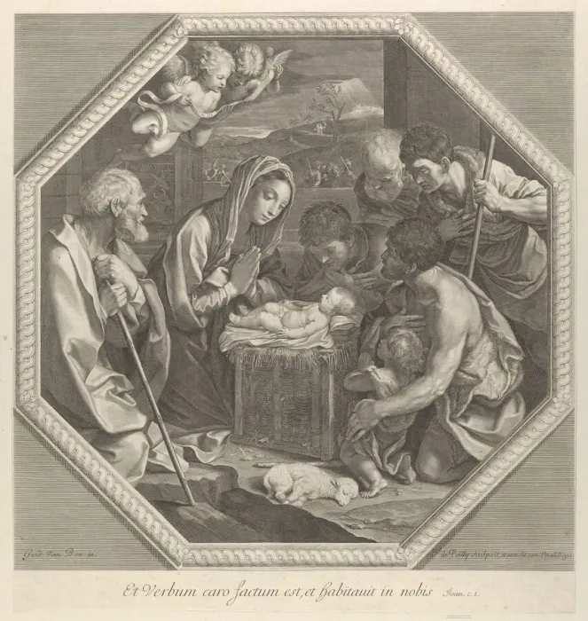 Framed Print : The adoration of the shepherds who kneel together at right before the infant Christ Framed Print : The adoration of the shepherds who kneel together at right before the infant Christ