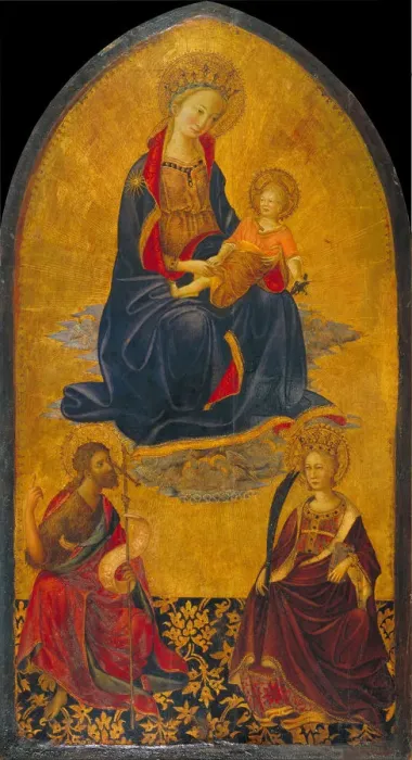 Framed Print : The Adoration of the Virgin and Child by Saint John the Baptist and Saint Catherine. Artist: Starnina, Gherardo (c. 1364-1413) Framed Print : The Adoration of the Virgin and Child by Saint John the Baptist and Saint Catherine. Artist: Starnina, Gherardo (c. 1364-1413)