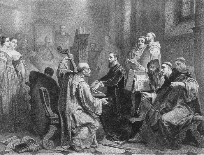 Framed Print : Adrian Willaert (1490-1562) plays a mass before the Doge of Venice, 1854. Creator: Hamman, Edouard Jean Conrad (1819-1888) Framed Print : Adrian Willaert (1490-1562) plays a mass before the Doge of Venice, 1854. Creator: Hamman, Edouard Jean Conrad (1819-1888)