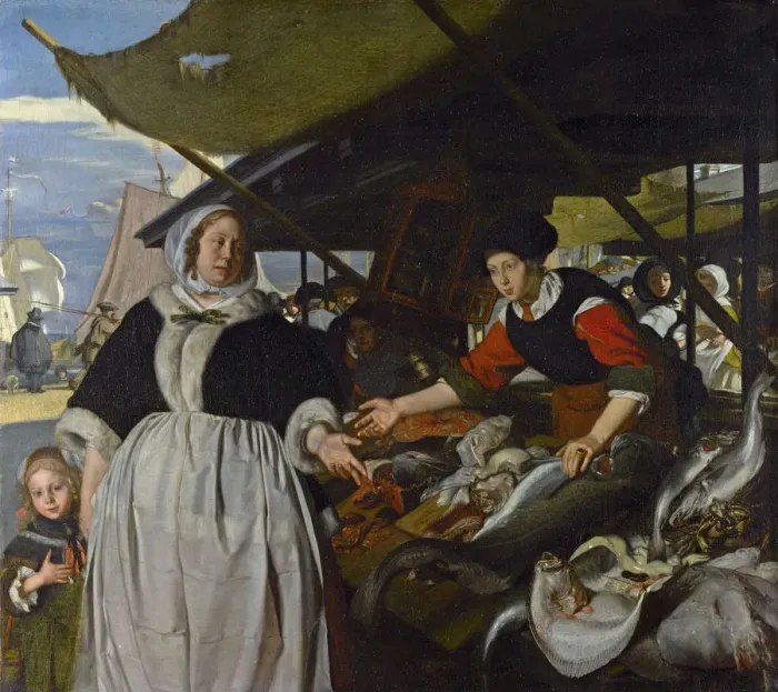 Framed Print : Adriana van Heusden and her Daughter at the New Fish market in Amsterdam, 1662 Framed Print : Adriana van Heusden and her Daughter at the New Fish market in Amsterdam, 1662