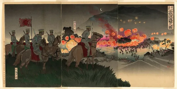 Framed Print : Advancing across the Ansong River at the Battle of Asan (Gazan gekisen Anjo no... Japan, 1894. Creator: Kobayashi Kiyochika) Framed Print : Advancing across the Ansong River at the Battle of Asan (Gazan gekisen Anjo no... Japan, 1894. Creator: Kobayashi Kiyochika)