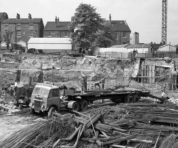 An AEC Mammoth Major on the building site for Sheffield University, 1960. Artist