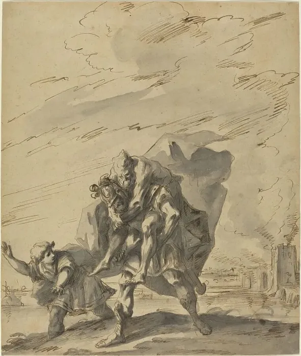 Framed Print : Aeneas Carrying Anchises from Burning Troy, c. 1733. Creator: Gaspare Diziani Framed Print : Aeneas Carrying Anchises from Burning Troy, c. 1733. Creator: Gaspare Diziani