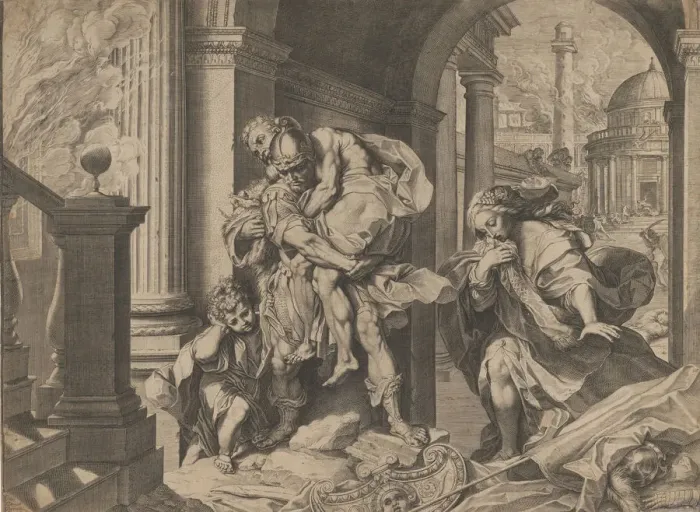 Framed Print : Aeneas and his family fleeing Troy, 1595. Creator: Agostino Carracci Framed Print : Aeneas and his family fleeing Troy, 1595. Creator: Agostino Carracci
