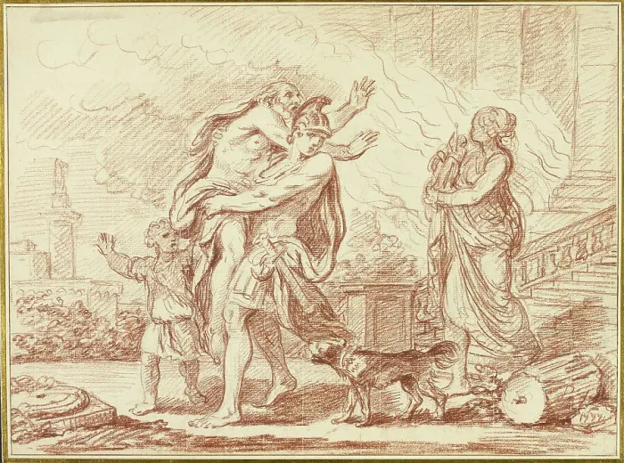Framed Print : Aeneas Fleeing with Anchises from the Ruins of Troy, 1777. Creator: Augustin Pajou Framed Print : Aeneas Fleeing with Anchises from the Ruins of Troy, 1777. Creator: Augustin Pajou
