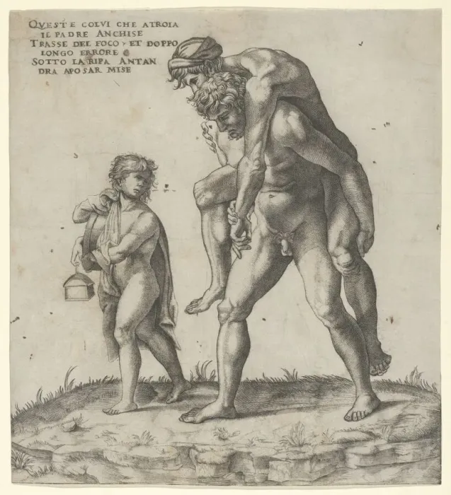 Framed Print : Aeneas rescuing Anchises, a young boy carrying a lantern at left, ca. 1525. ca. 1525 Framed Print : Aeneas rescuing Anchises, a young boy carrying a lantern at left, ca. 1525. ca. 1525