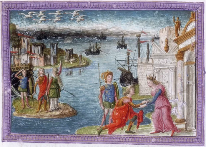 Framed Print : Aeneas welcomed at Carthage by Dido, c1497-c1499. Creator: Unknown Framed Print : Aeneas welcomed at Carthage by Dido, c1497-c1499. Creator: Unknown