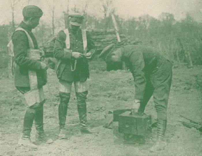 Framed Print : Aerial photographers fixing on parachute harnesses before making an ascent, c1917 (1919) Framed Print : Aerial photographers fixing on parachute harnesses before making an ascent, c1917 (1919)