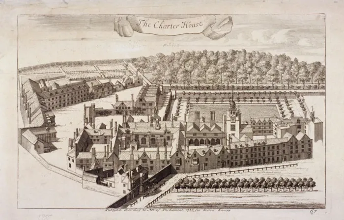 Framed Print : Aerial view of Charterhouse, Finsbury, London, 1755 Framed Print : Aerial view of Charterhouse, Finsbury, London, 1755
