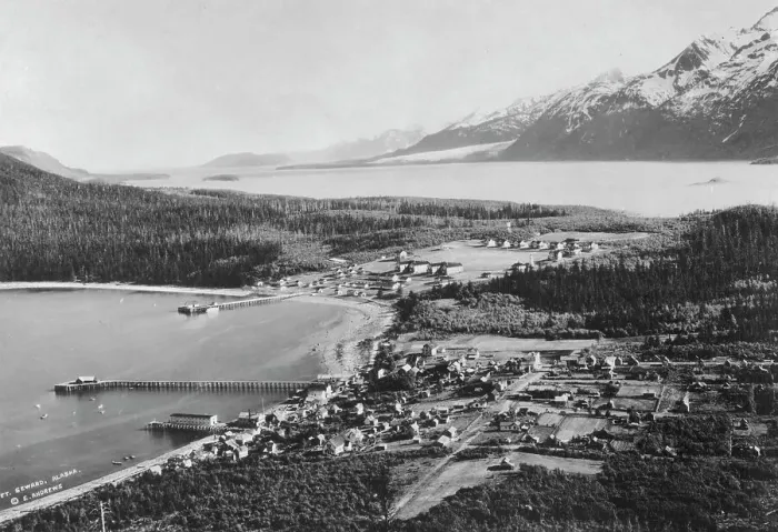 Framed Print : Aerial view of Haines, location of Fort Seward, between c1900 and c1930. Creator: Unknown Framed Print : Aerial view of Haines, location of Fort Seward, between c1900 and c1930. Creator: Unknown