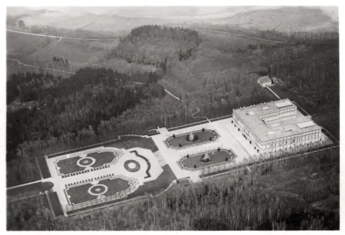 Framed Print : Aerial view of the Herrenchiemsee Palace, Bavaria, Germany, from a Zeppelin, c1931 (1933) Framed Print : Aerial view of the Herrenchiemsee Palace, Bavaria, Germany, from a Zeppelin, c1931 (1933)