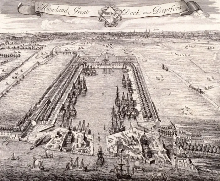 Framed Print : Aerial view of Howland Great Dock, Rotherhithe, Bermondsey, London, c1717. Artist Framed Print : Aerial view of Howland Great Dock, Rotherhithe, Bermondsey, London, c1717. Artist