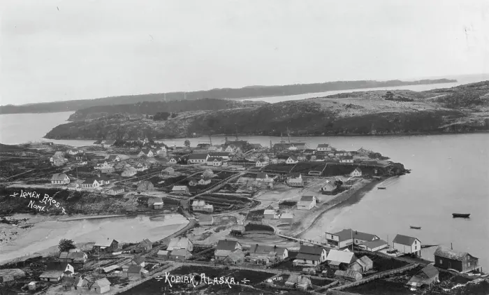 Framed Print : Aerial view of Kodiak, between c1900 and c1930. Creator: Lomen Brothers Framed Print : Aerial view of Kodiak, between c1900 and c1930. Creator: Lomen Brothers