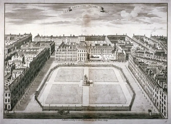 Framed Print : Aerial view of Leicester Square with carriages, Westminster, London, 1754. Artist Framed Print : Aerial view of Leicester Square with carriages, Westminster, London, 1754. Artist