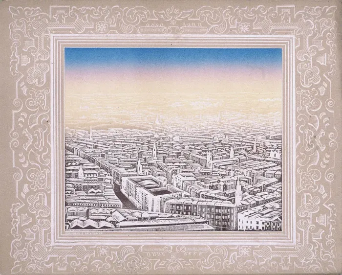 Framed Print : Aerial view of London with decorative border, c1845. Artist: Kronheim & Co Framed Print : Aerial view of London with decorative border, c1845. Artist: Kronheim & Co