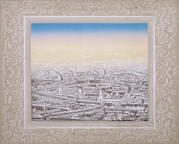 Framed Print : Aerial view of London with decorative border, c1845. Artist: Kronheim & Co Framed Print : Aerial view of London with decorative border, c1845. Artist: Kronheim & Co