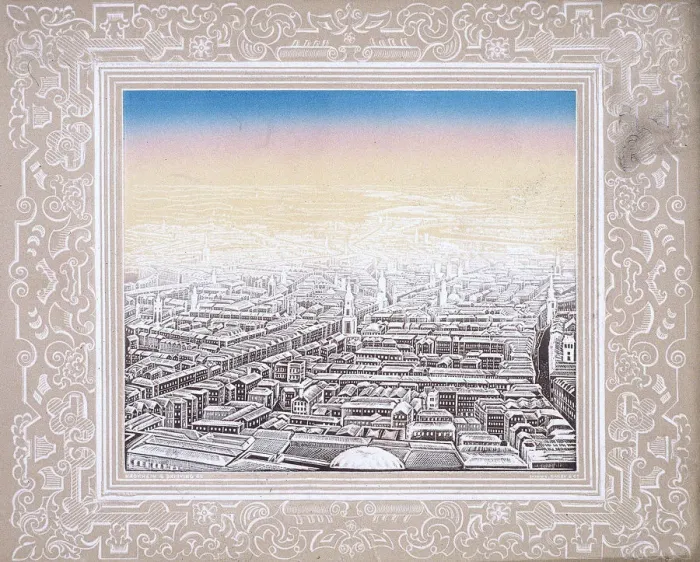 Framed Print : Aerial view of London framed in a decorative border, c1845. Artist: Kronheim & Co Framed Print : Aerial view of London framed in a decorative border, c1845. Artist: Kronheim & Co