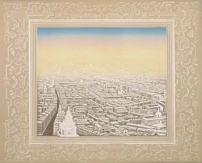 Framed Print : Aerial view of London framed in a decorative border, c1845. Artist: Kronheim & Co Framed Print : Aerial view of London framed in a decorative border, c1845. Artist: Kronheim & Co