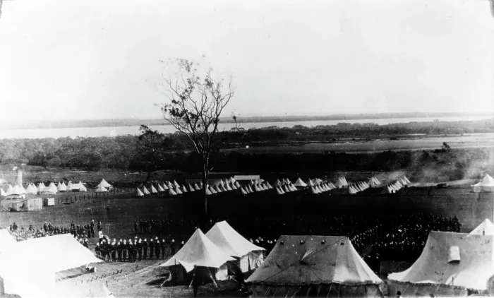 Framed Print : Aerial view of the military camp at Lytton, near the mouth of the Brisbane River. Creator: Unknown Framed Print : Aerial view of the military camp at Lytton, near the mouth of the Brisbane River. Creator: Unknown
