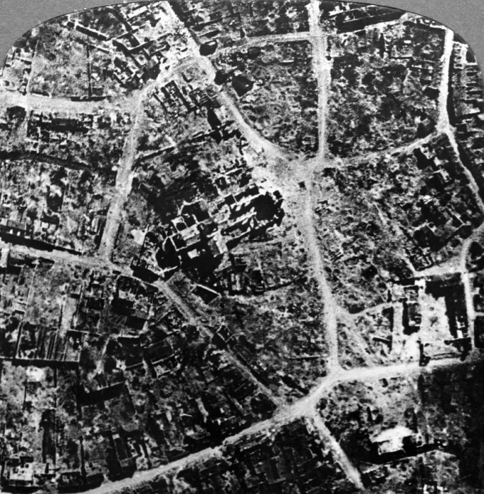 Framed Print : Aerial view of the ruins of the town and basilica of Albert, France, World War I, 1914-1918. Artist: Realistic Travels Publishers Framed Print : Aerial view of the ruins of the town and basilica of Albert, France, World War I, 1914-1918. Artist: Realistic Travels Publishers