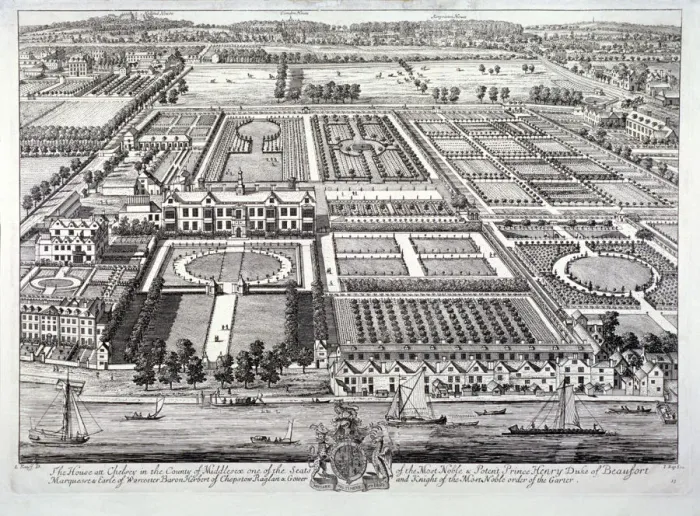 Framed Print : Aerial view of the seat of the Dukes of Beaufort, Chelsea, London, c1720. Artist Framed Print : Aerial view of the seat of the Dukes of Beaufort, Chelsea, London, c1720. Artist