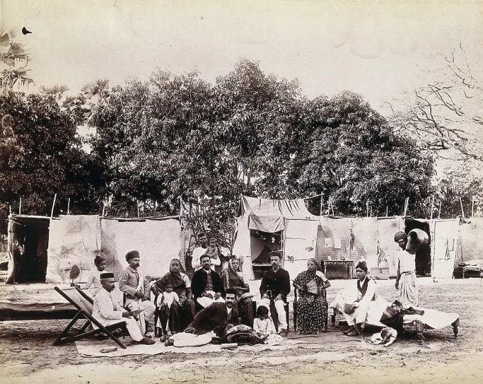 Framed Print : An affluent family forced to leave their home due to plague in their neighbourhood sitting...1896 / 7. Creator: Unknown