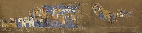 Afrasiab murals, South wall: Funeral procession led by King Varkhuman, Between 648 and 651. Creator: Sogdian Art