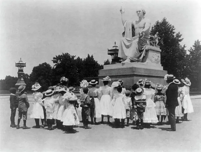 Framed Print : African American school children facing the Horatio Greenough statue of George Washing... (1899?). Creator: Frances Benjamin Johnston Framed Print : African American school children facing the Horatio Greenough statue of George Washing... (1899?). Creator: Frances Benjamin Johnston